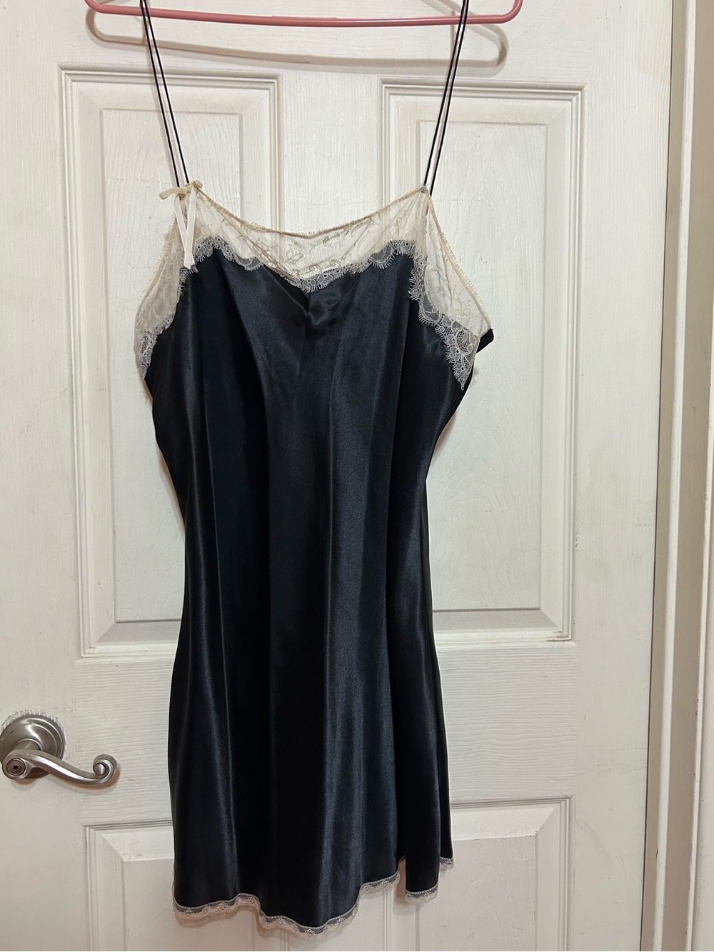 Vtg Victoria's Secret Black Satin Slip Dress Lingerie beige Lace Trim xl
